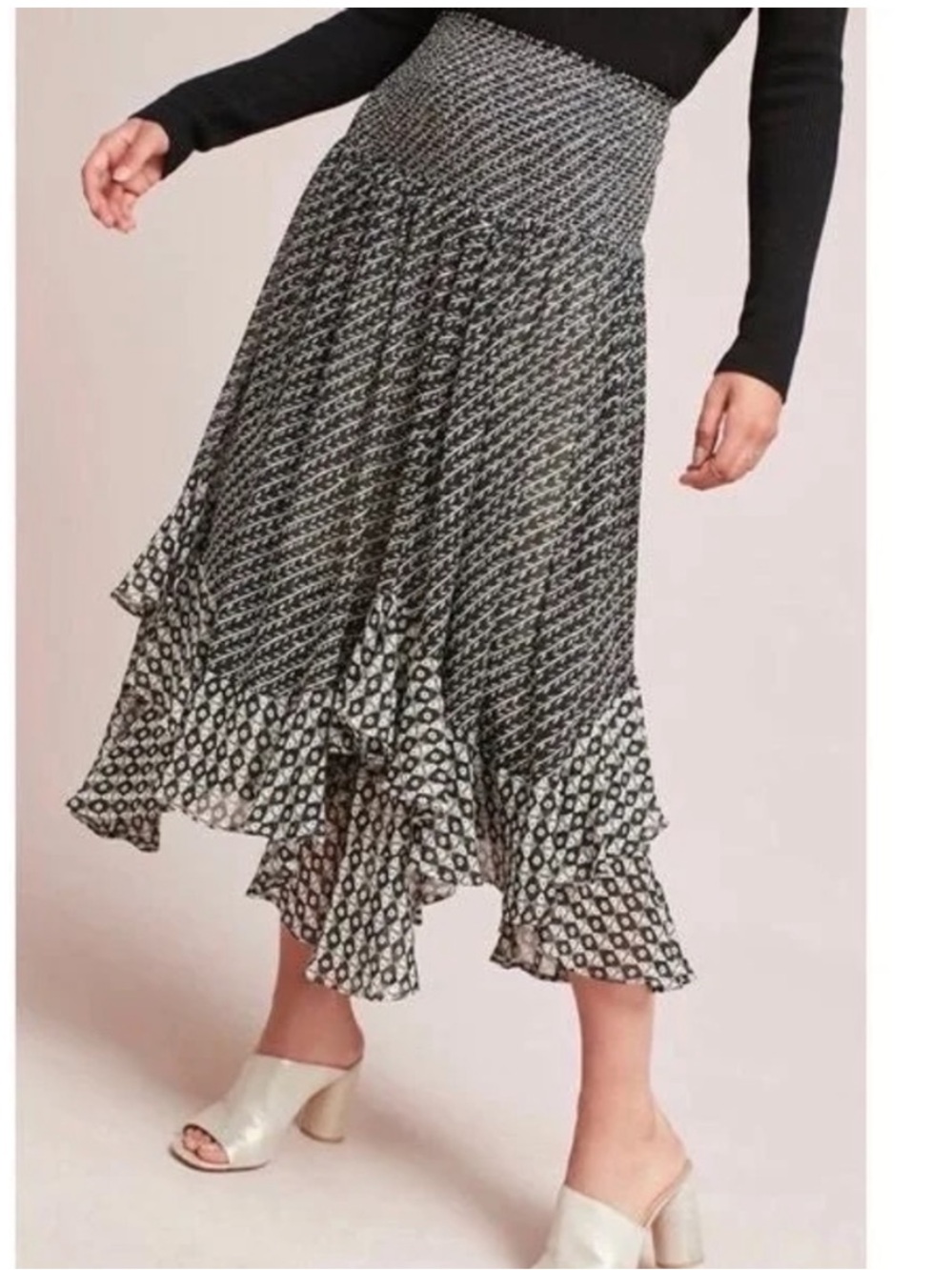 Anthropologie Akema and Kin Maxi Black & White Printed Ruffle Midi Skirt